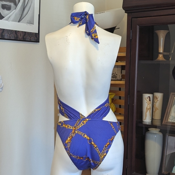 Victoria Secret Blue and Gold Chain Print Swimsuit - Picture 3 of 5